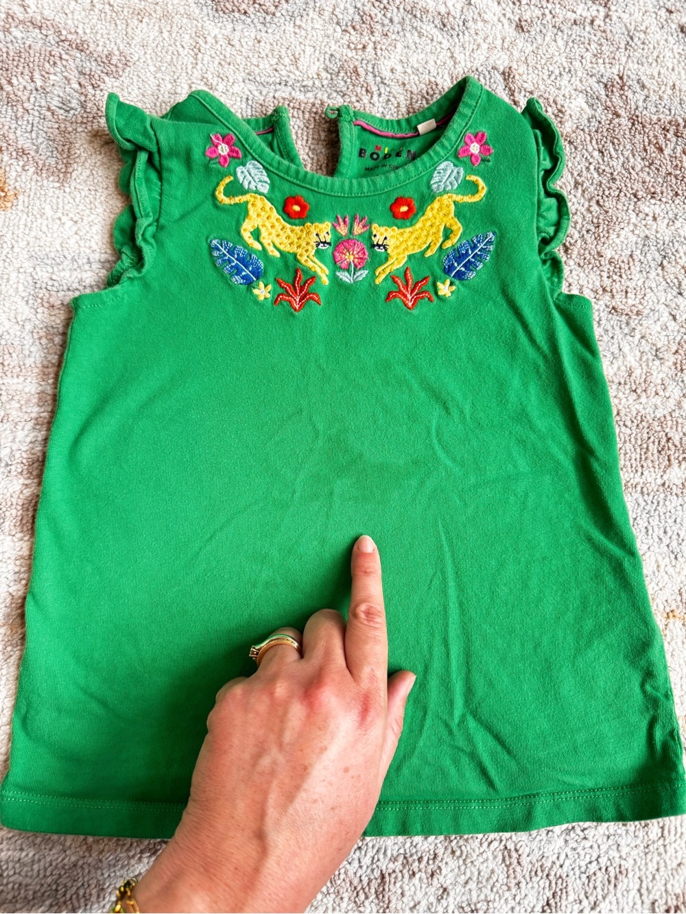 Boden Frill Sleeve Tunic Green Embroidery
2-3y